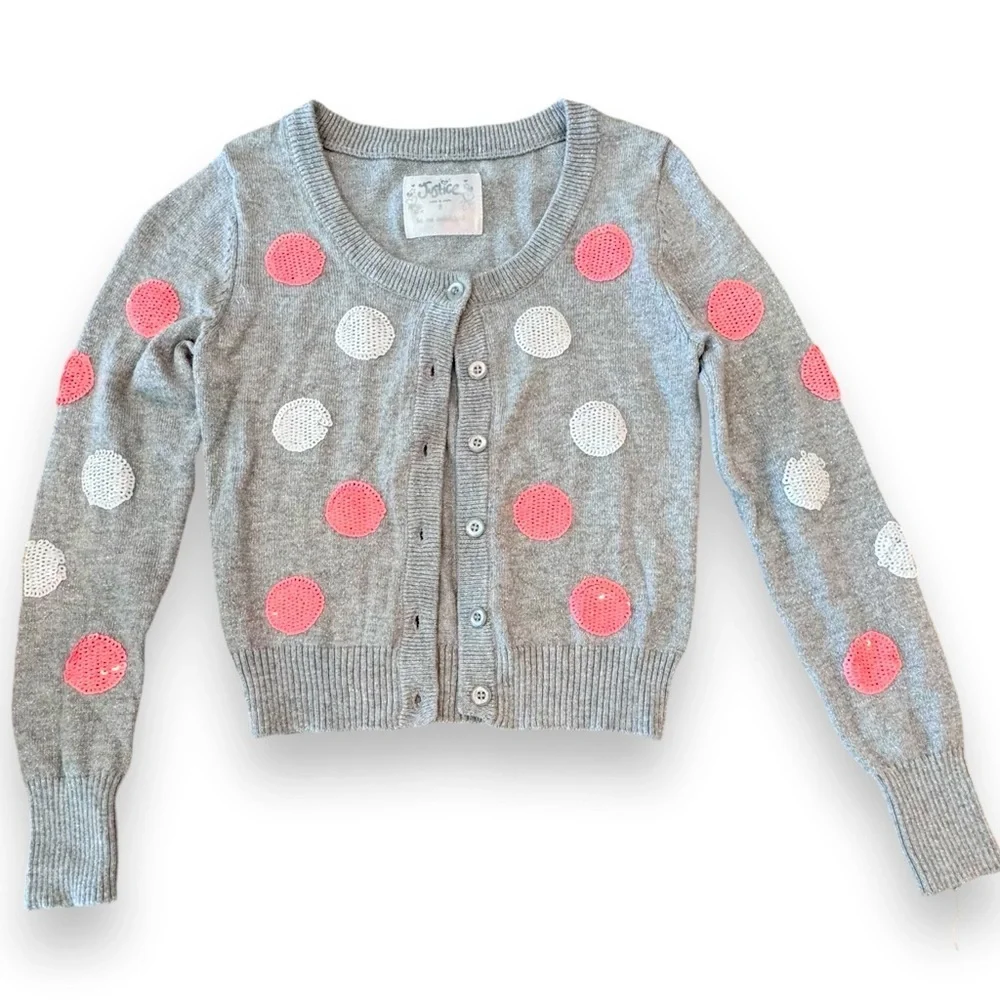 Justice Girls Size 8 Sequin Polka Dot Sparkle Gray Cardigan Sweater